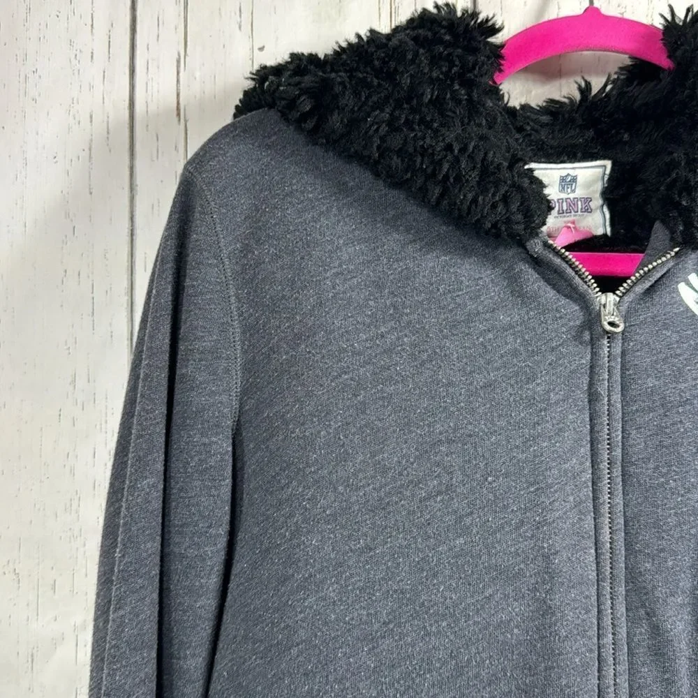 Pink Victorias Secret Faux Fur Lined NFL Jets Sequins Zip Hooded Pockets Gray